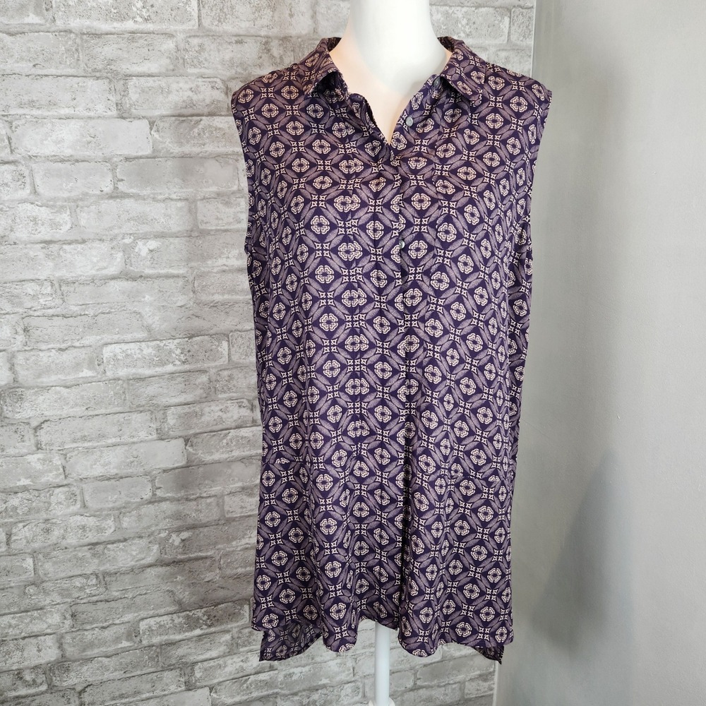Halogen Tunic Top Purple Geometric Floral Sleeveless Hi-Low Blouse L